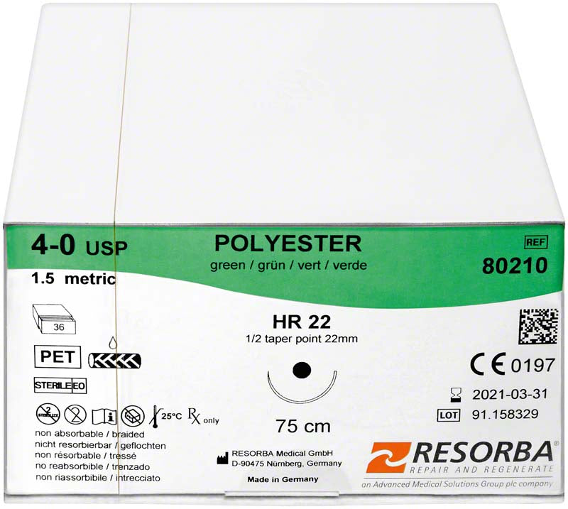RESORBA® Polyester, grün, 12 Stk, 45 cm, USP 3/0, HRT18