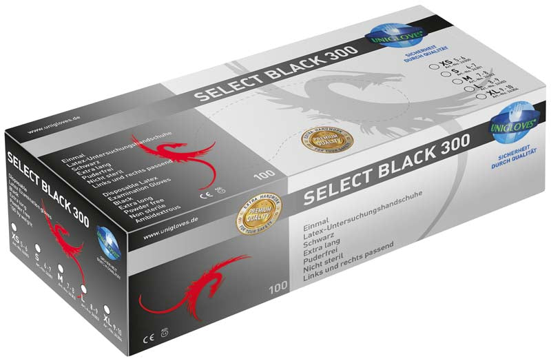 SELECT BLACK 300 Latex Untersuchungshandschuhe, extra lang, puderfrei, 100 Stk, M